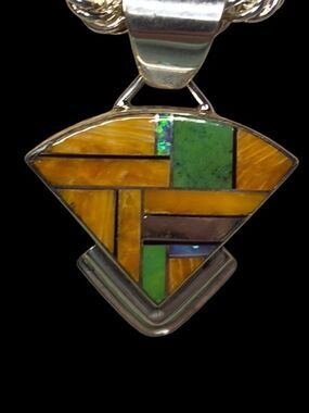 Vintage Sterling Silver Yellow Green Stone Geometric Inlay Pendant SF NWT